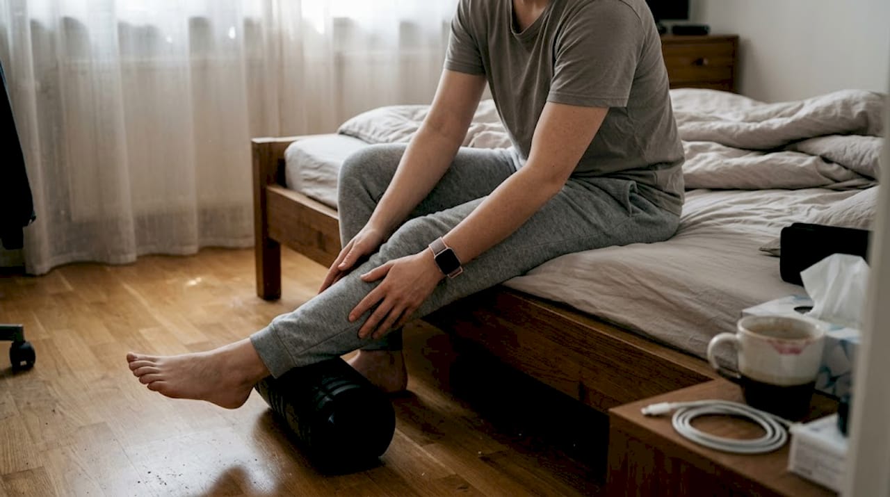 Händer som använder en foam roller i ett sovrum