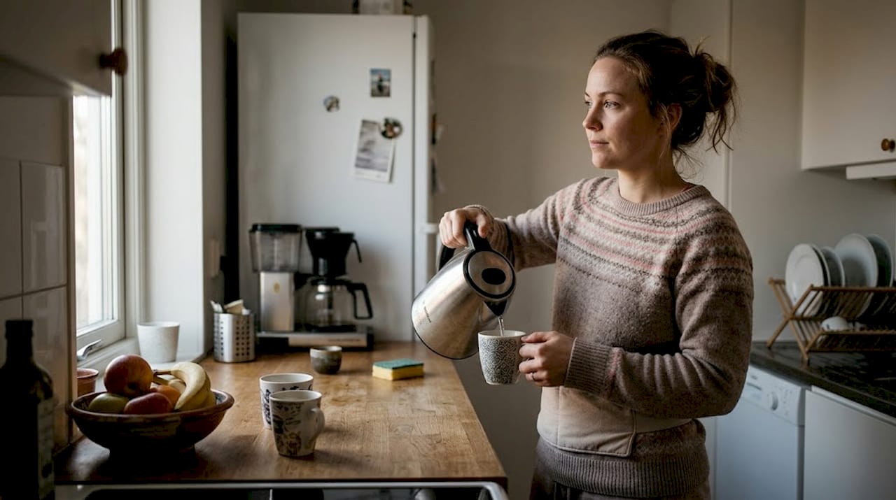 En kvinna med ett värmebälte runt midjan häller upp en kopp i köket.