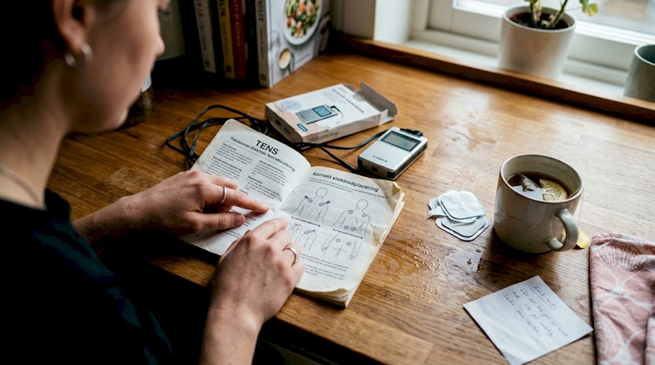En kvinna sätter fast TENS-elektroder och följer noggrant instruktionerna.