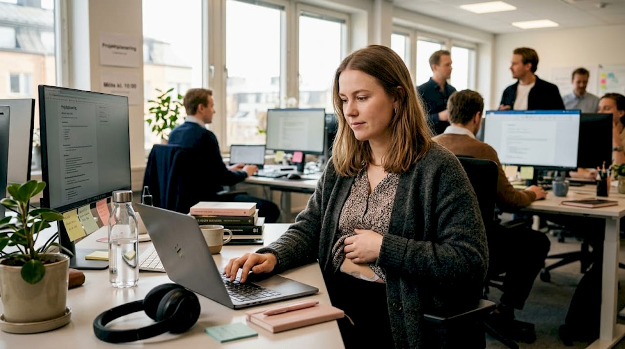 En yrkeskvinna som smidigt använder en värmeplåster på jobbet utan att det märks.