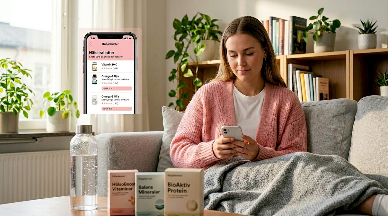 En kvinna bläddrar bland erbjudanden i vardagsrummet.