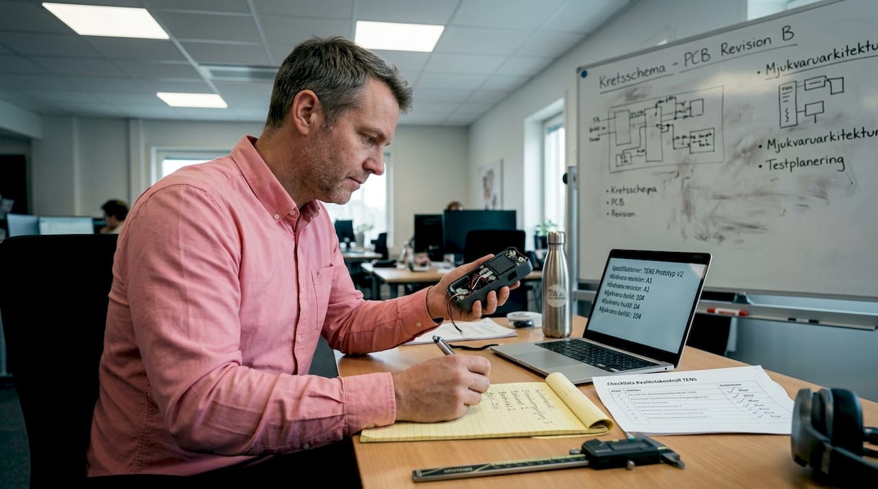 Ingenjör provar prototyp för mensvärk på kontoret