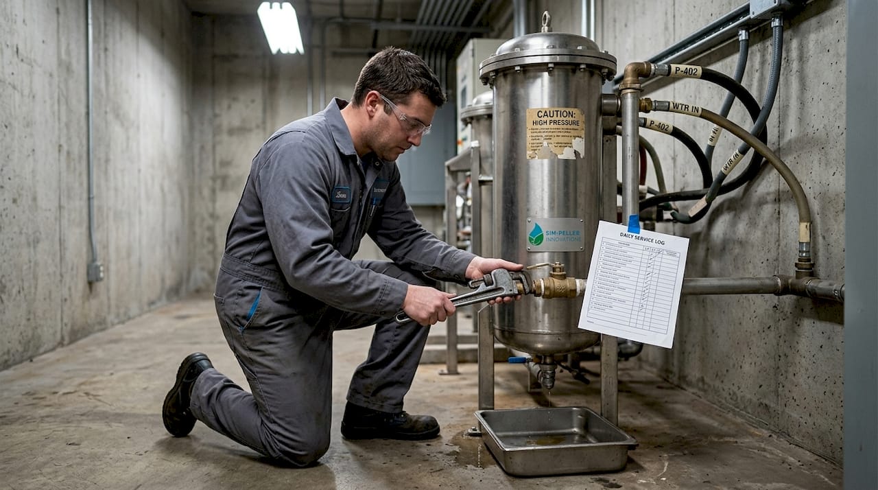 Engineer adjusts valve on water recycling unit