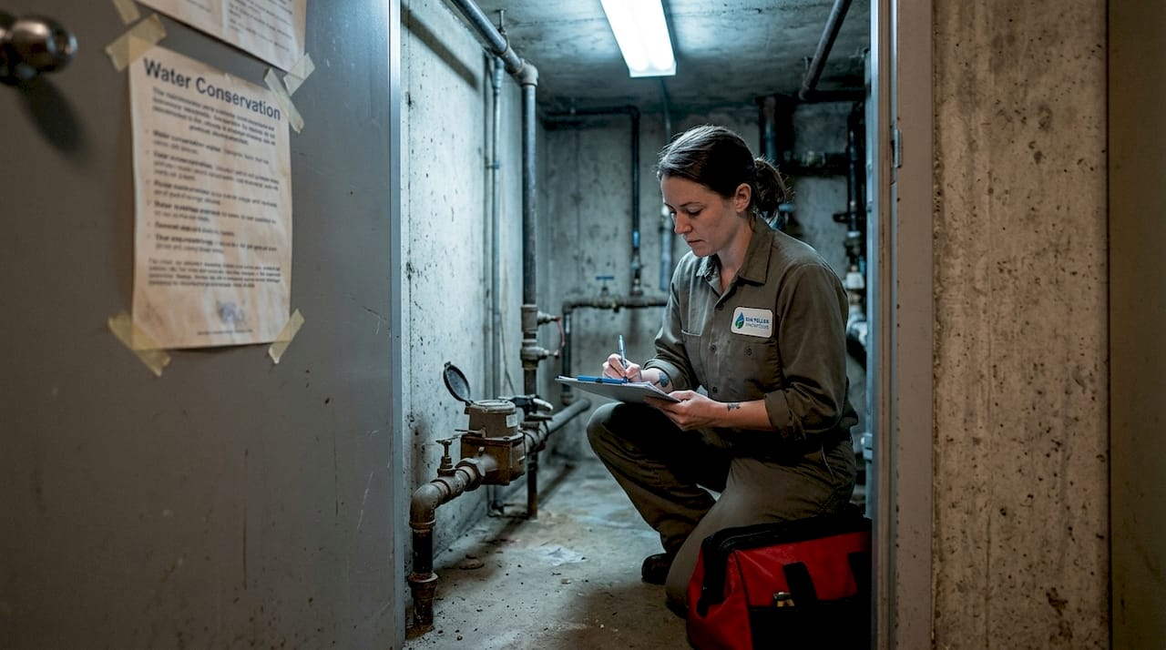 Staff reading water meter in utility room