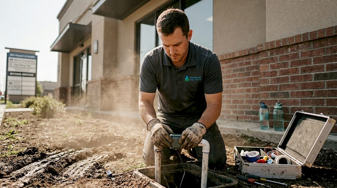 Technician attaching IoT sensor to irrigation pipe