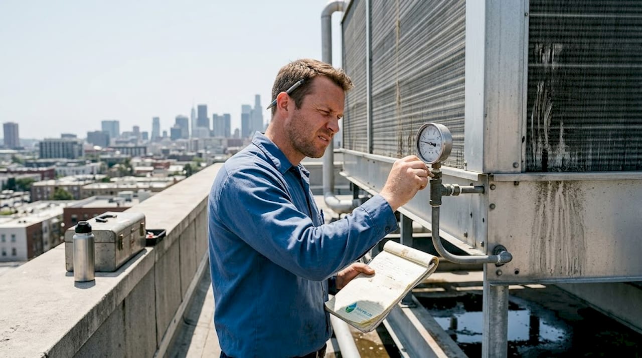 Technician inspecting rooftop cooling tower