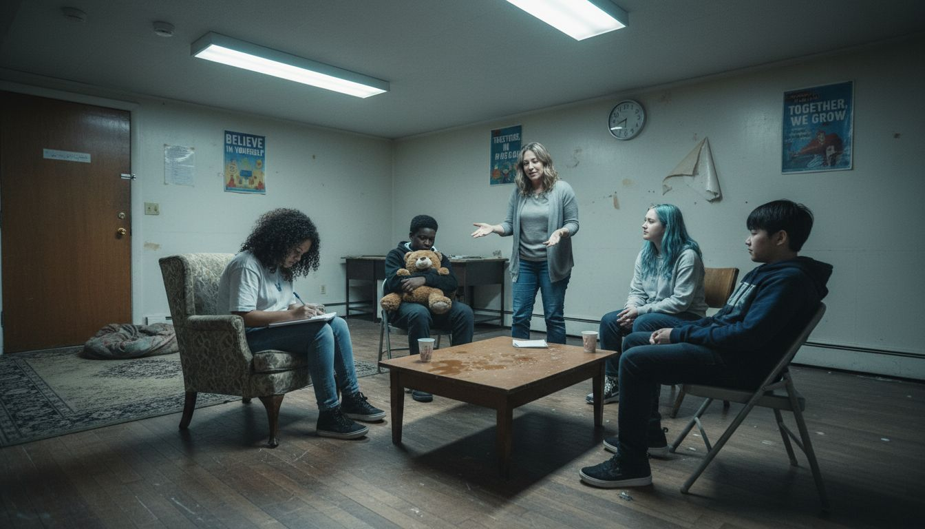 Teens gathered for group therapy session