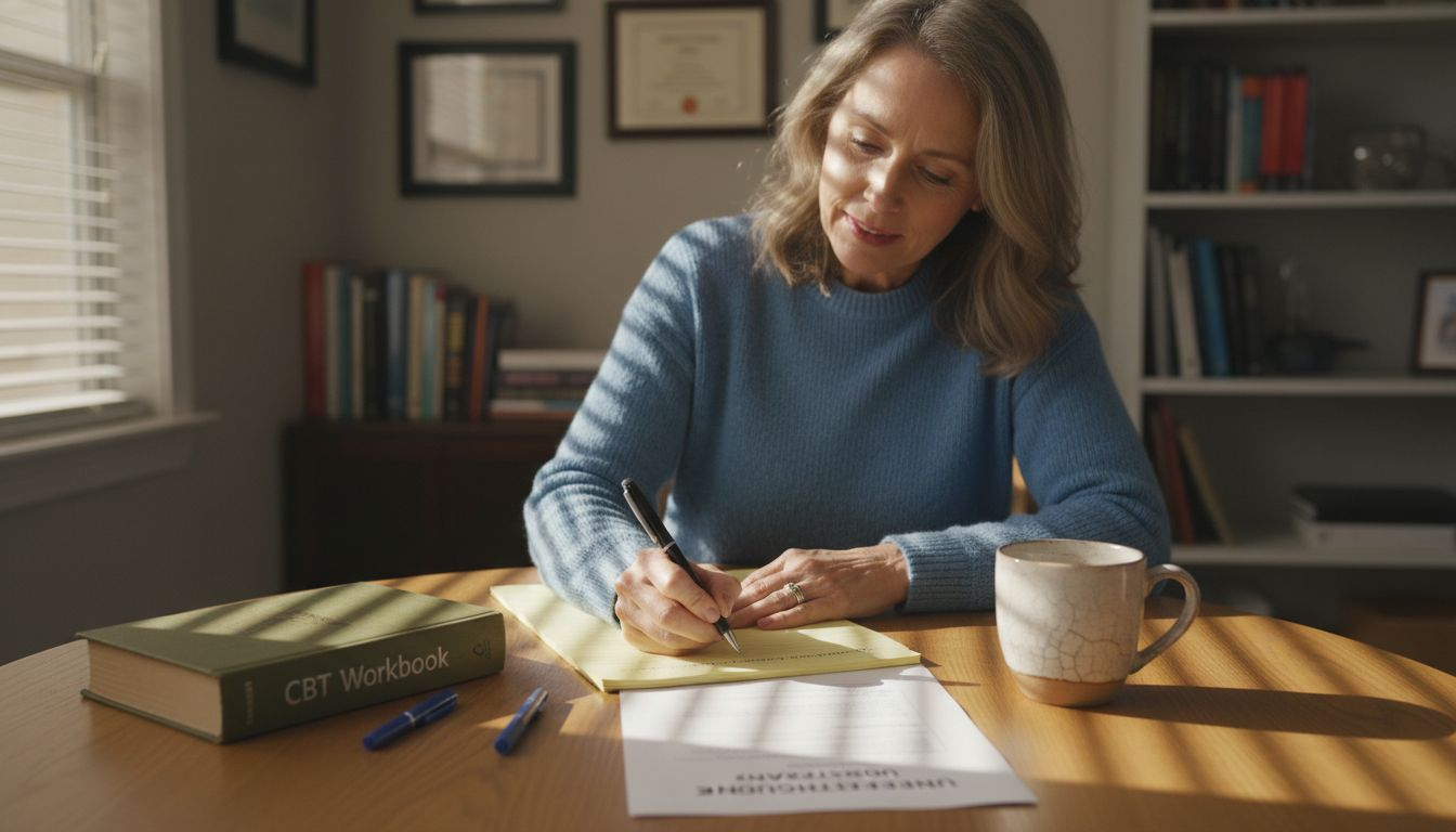 Therapist writing CBT session notes table