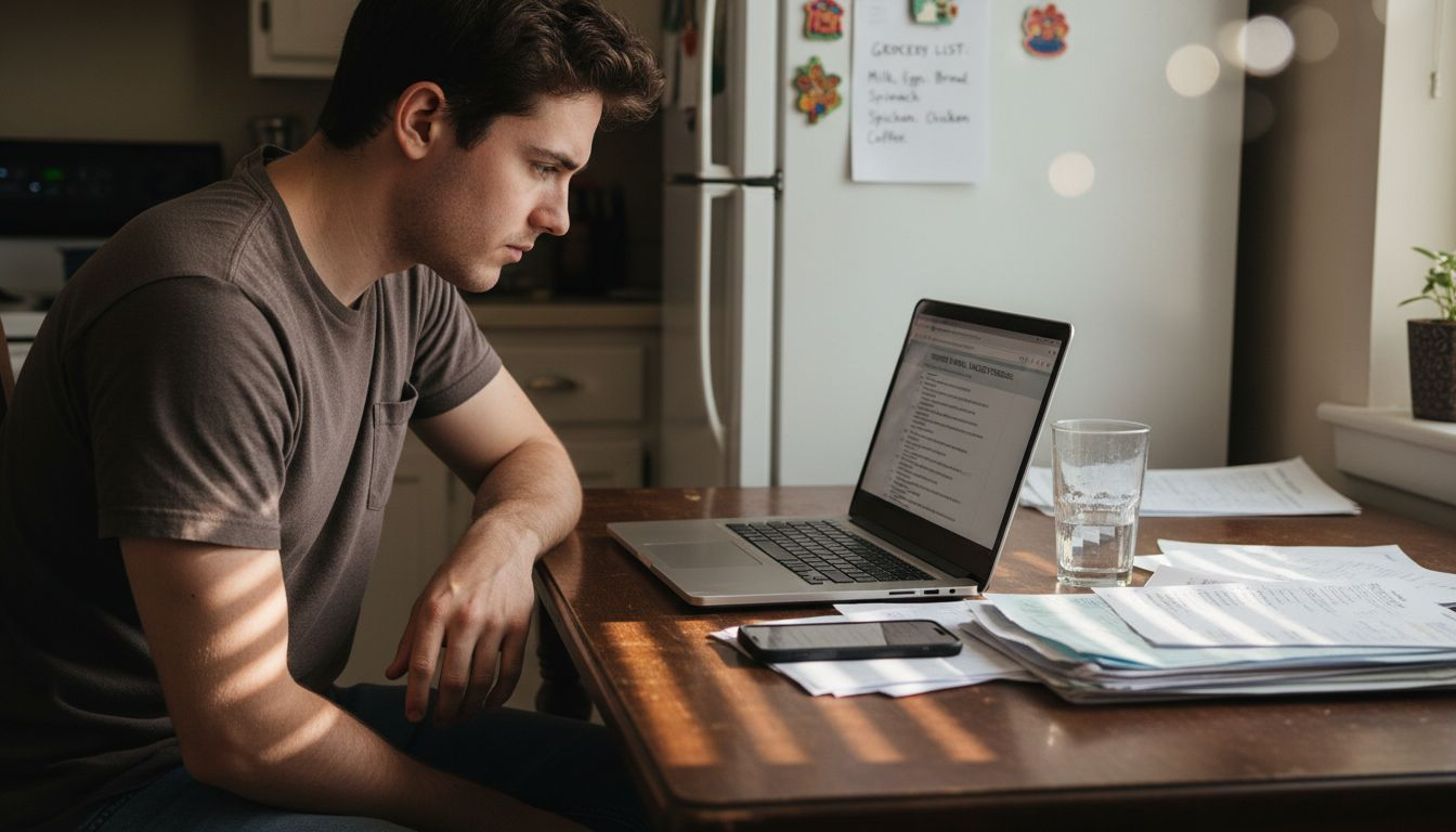Man compares therapist options at kitchen table