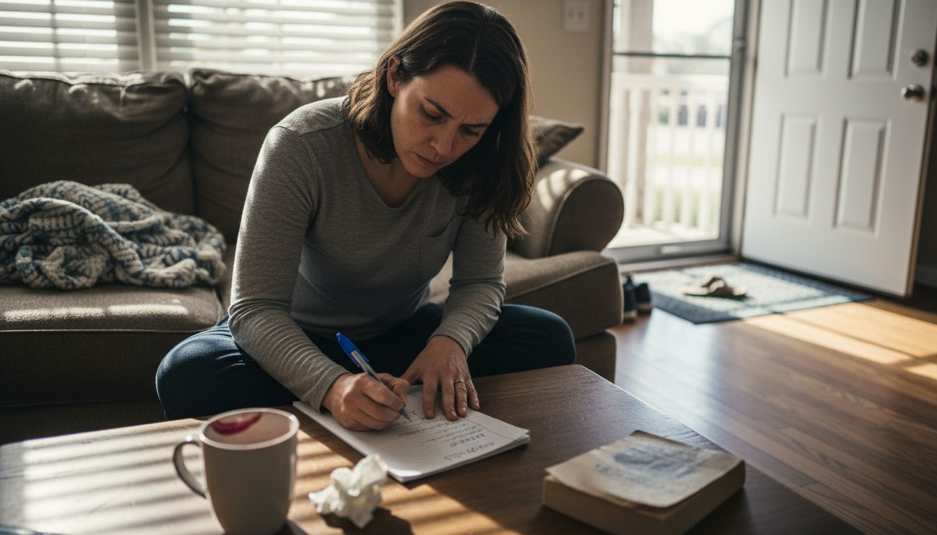 Woman writing therapy goals on couch at home