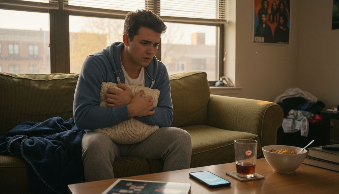 Young man showing stress response at home