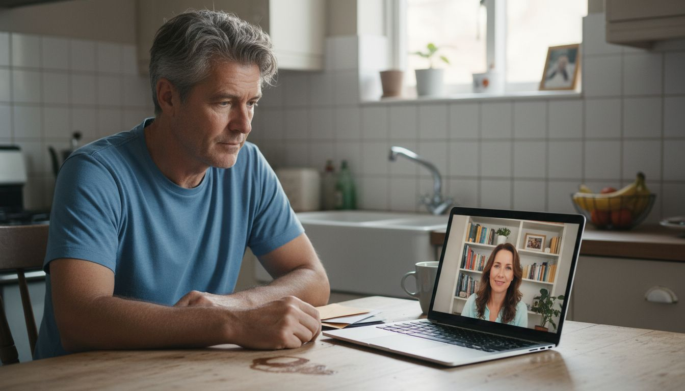 Man using telehealth therapy at kitchen table