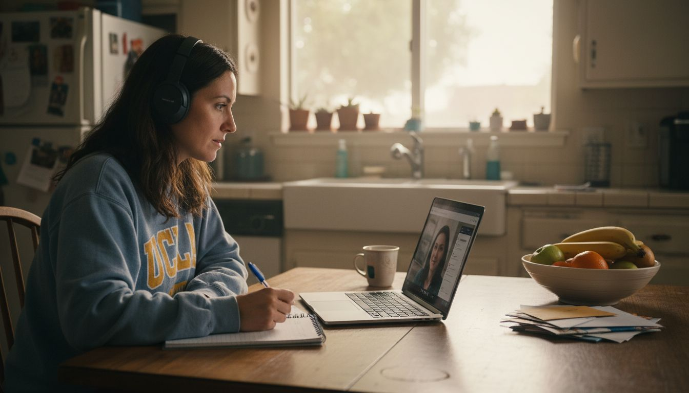 Woman at home in telehealth therapy session