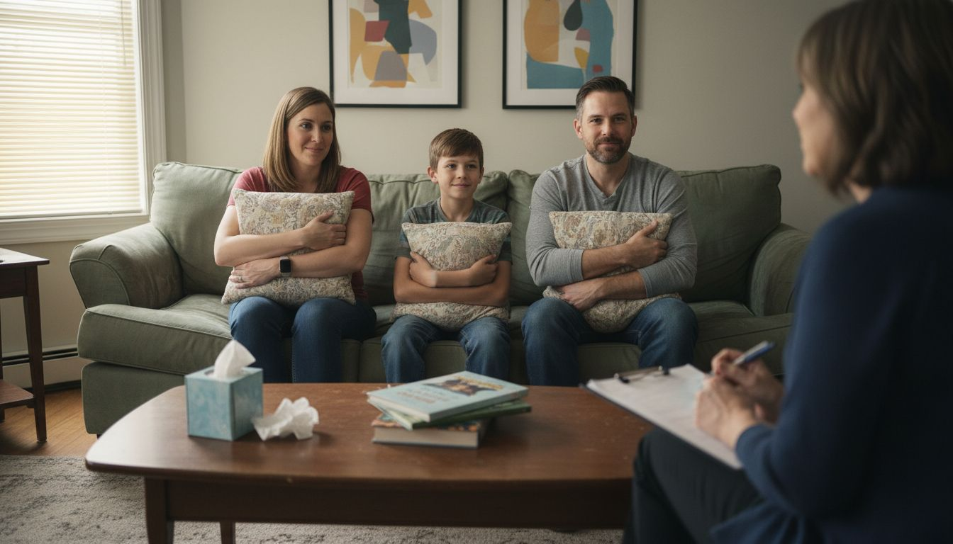 Family therapy session with boy and parents