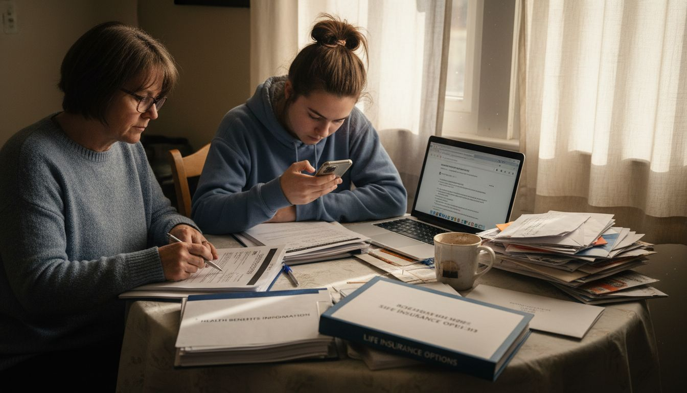 Parent and teen looking over insurance documents