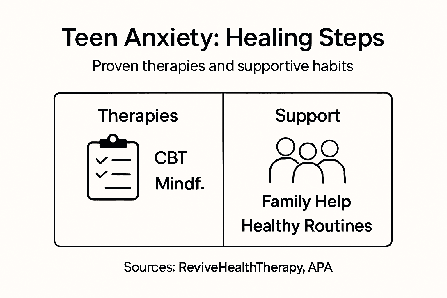 Infographic listing therapies and support steps for anxiety