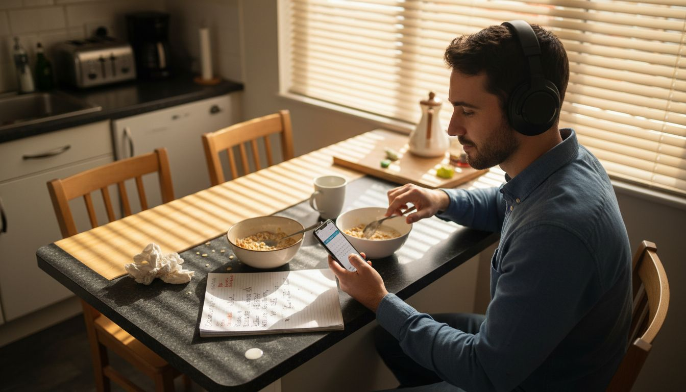 Man scheduling online therapy with headphones