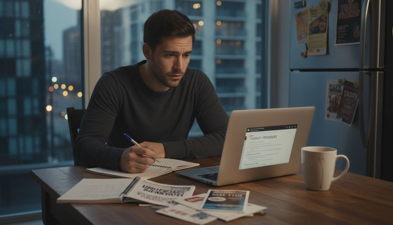 Man researches therapy options at home table