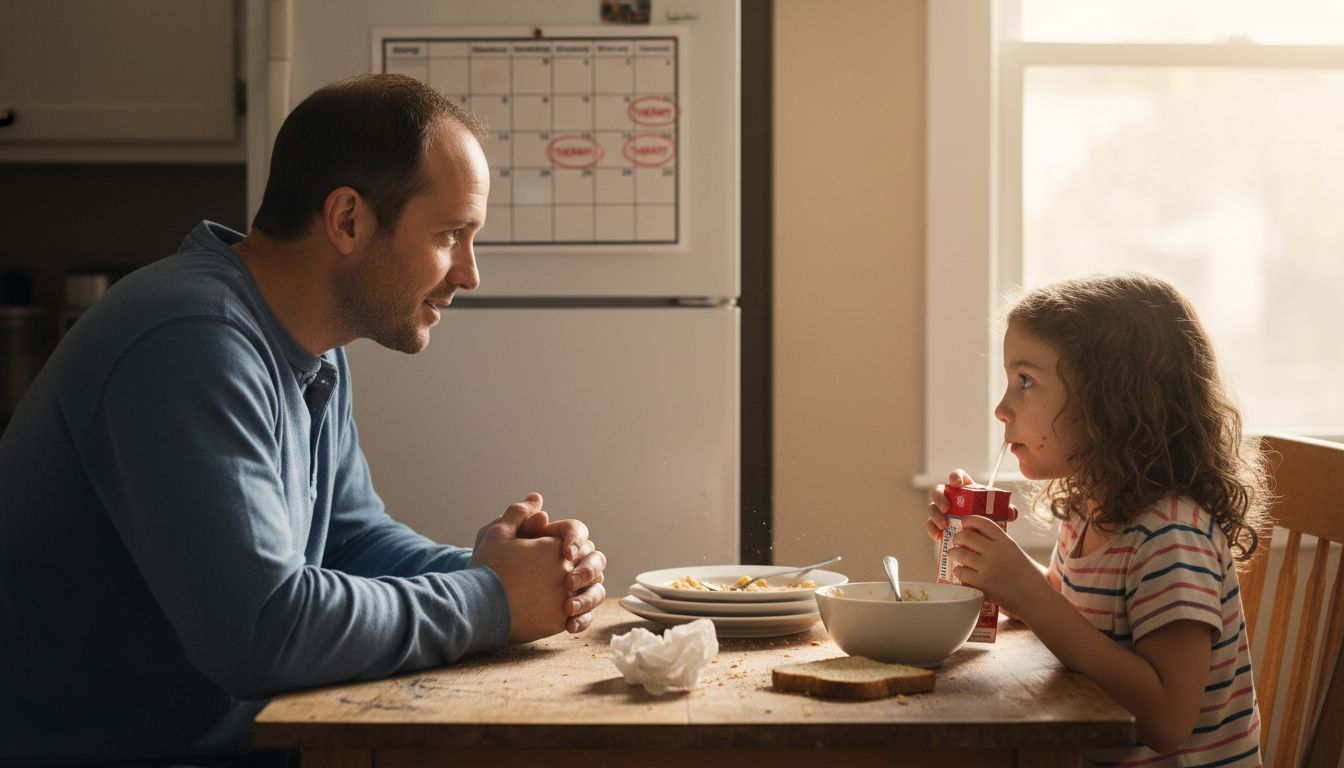 Parent discussing therapy with child at table