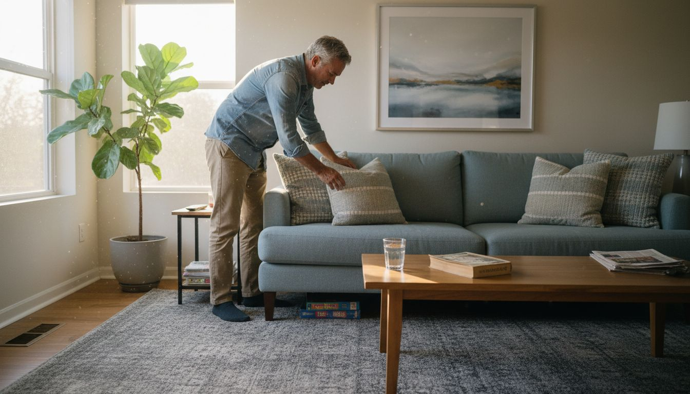 Man setting up cozy safe home space