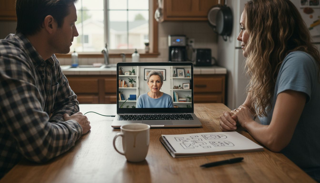 Couple listening to therapist over video chat