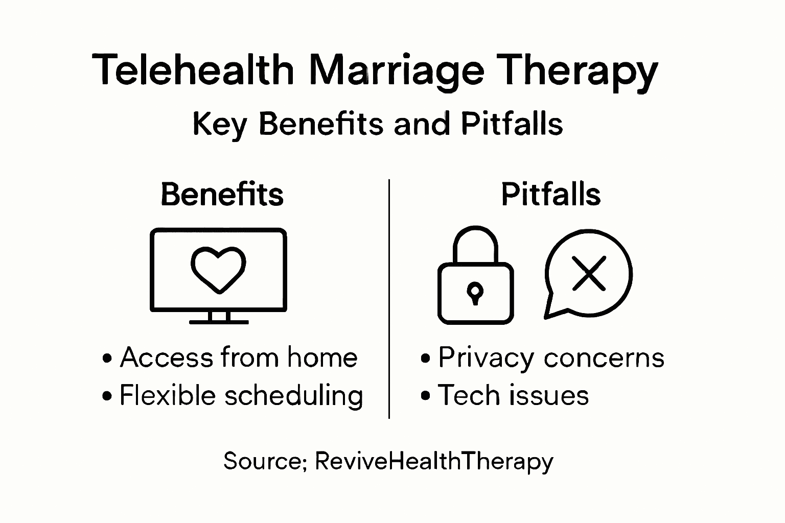 Infographic showing benefits and pitfalls of telehealth marriage therapy