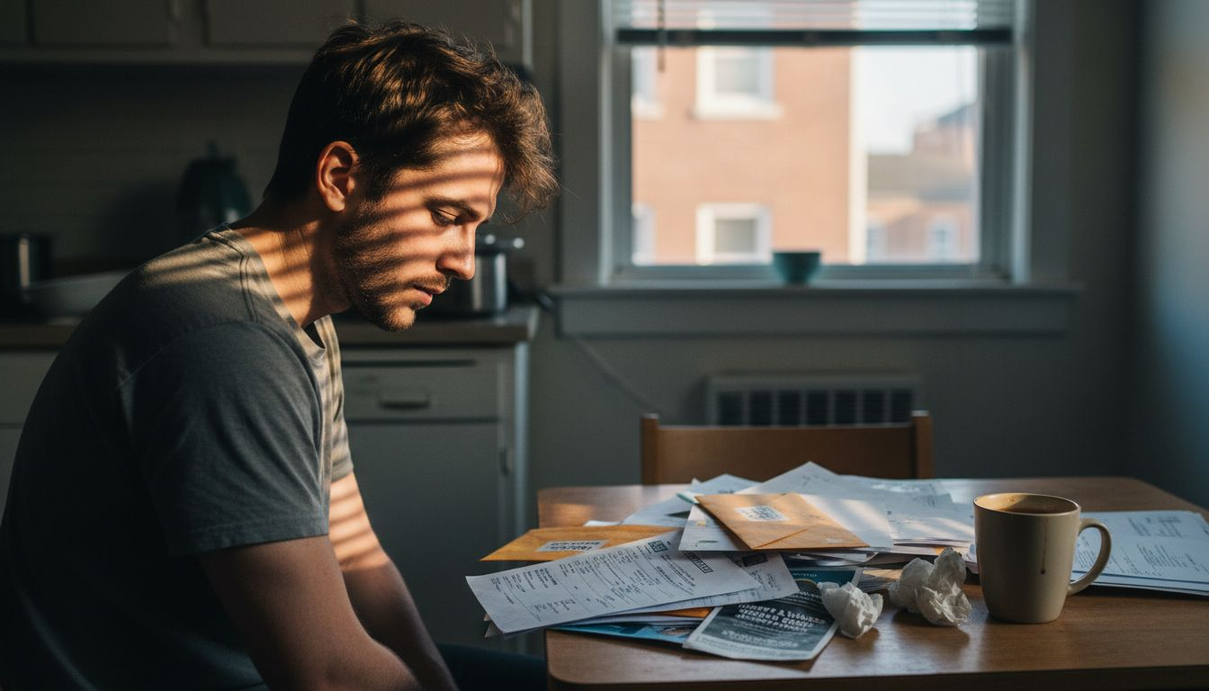 Anxious man reviewing bills and invoices