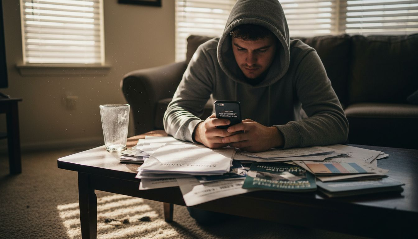 Man facing therapy costs in living room