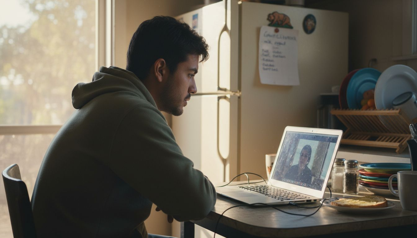 Man attending telehealth therapy at kitchen table