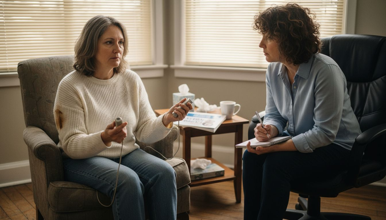 Woman using EMDR buzzers in therapy office