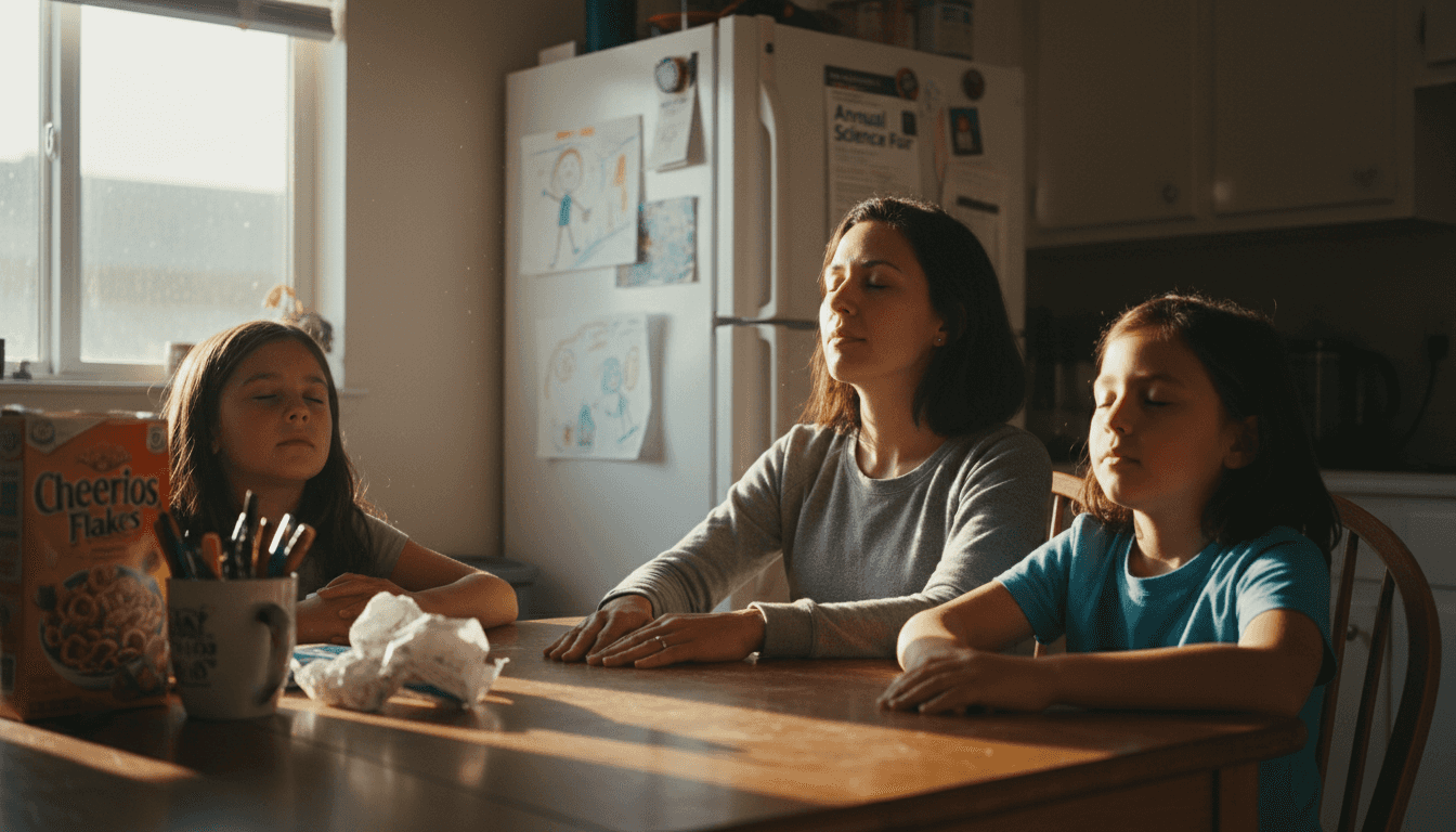 Family practicing mindfulness at kitchen table