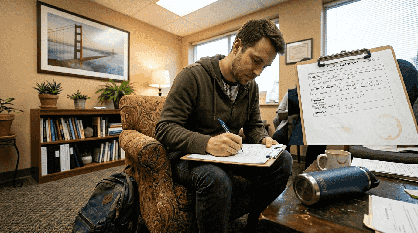 Client completing CBT worksheet during session