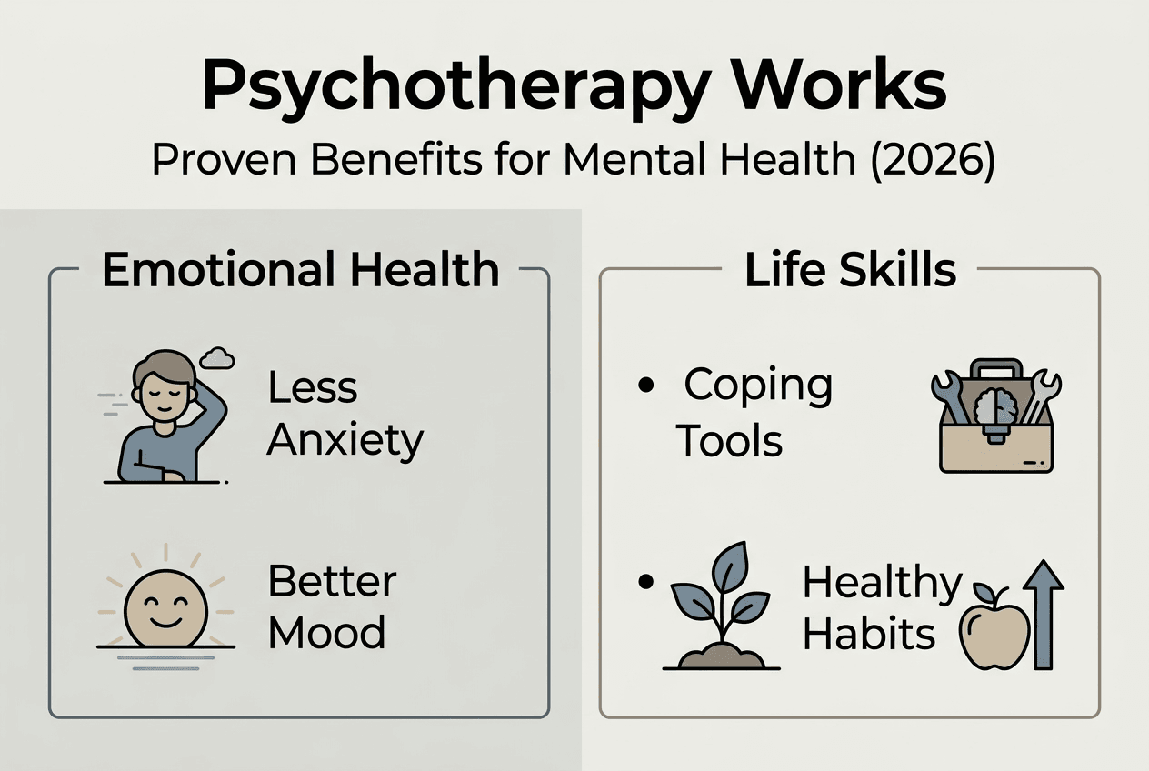 Infographic showing psychotherapy core benefits