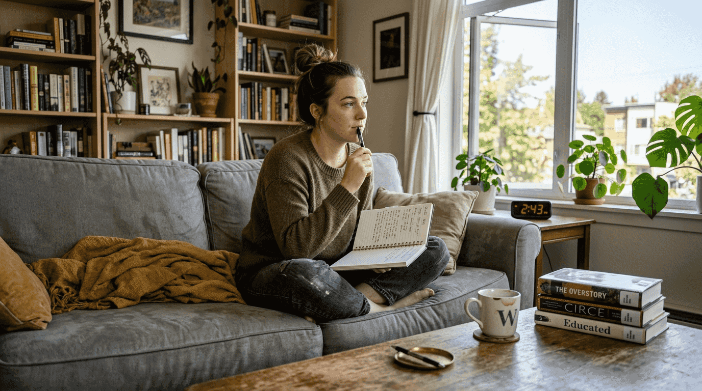 Woman journaling anxiety triggers at home