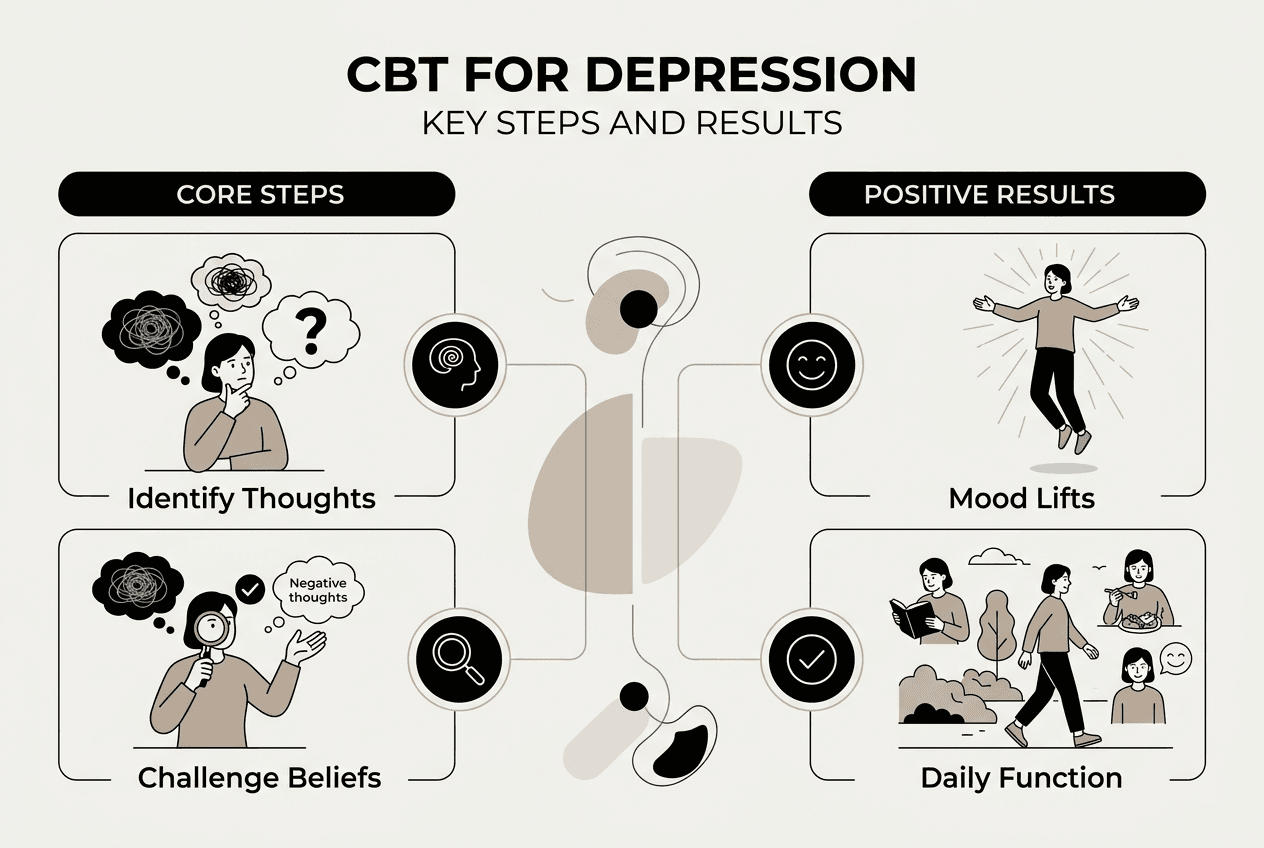 Infographic outlining CBT steps and benefits