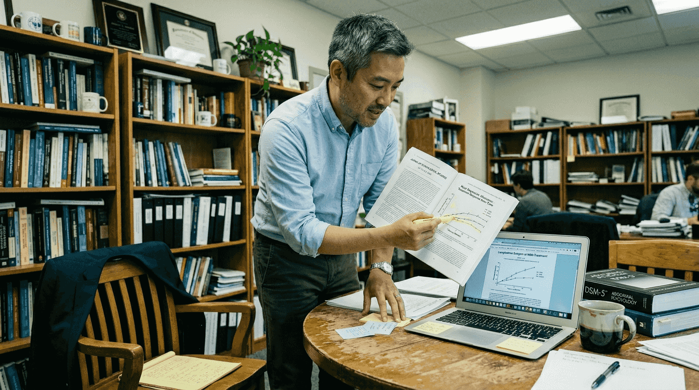 Psychologist reviewing depression research evidence