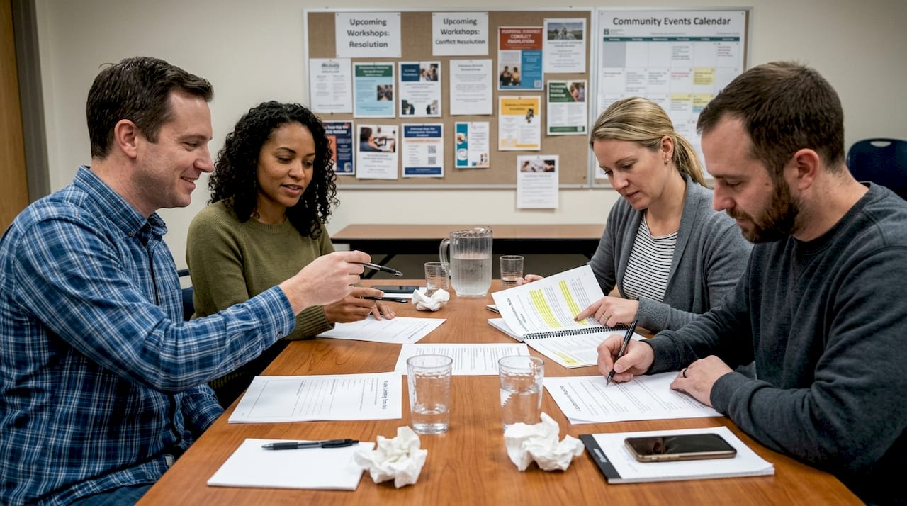 Couples participate in skills workshop at table