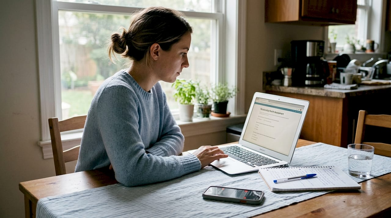 Woman taking online relationship assessment at table