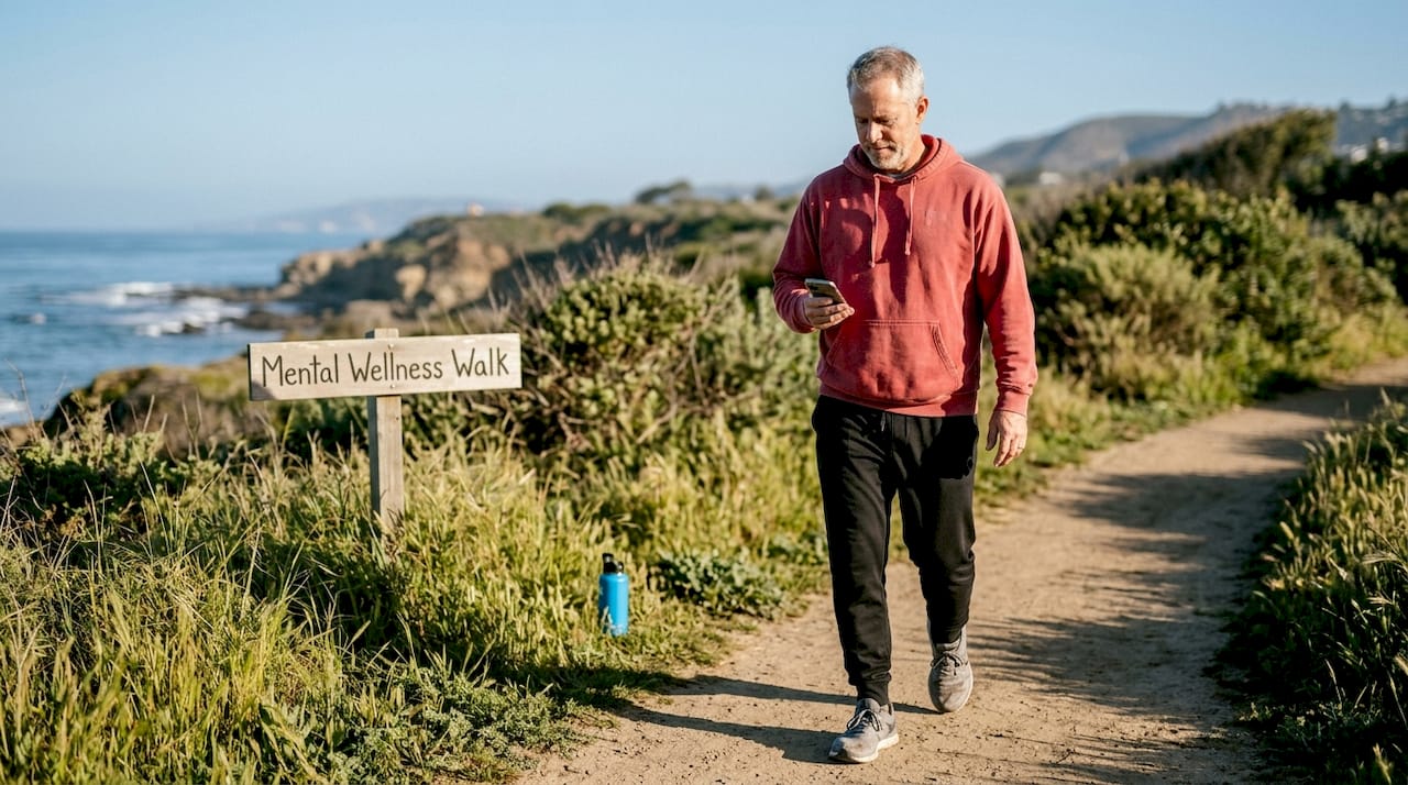 Man walking for mental health in San Diego