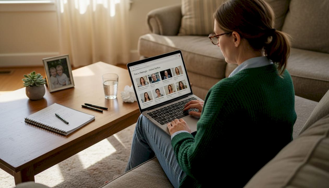 Mother researching teen therapists on laptop