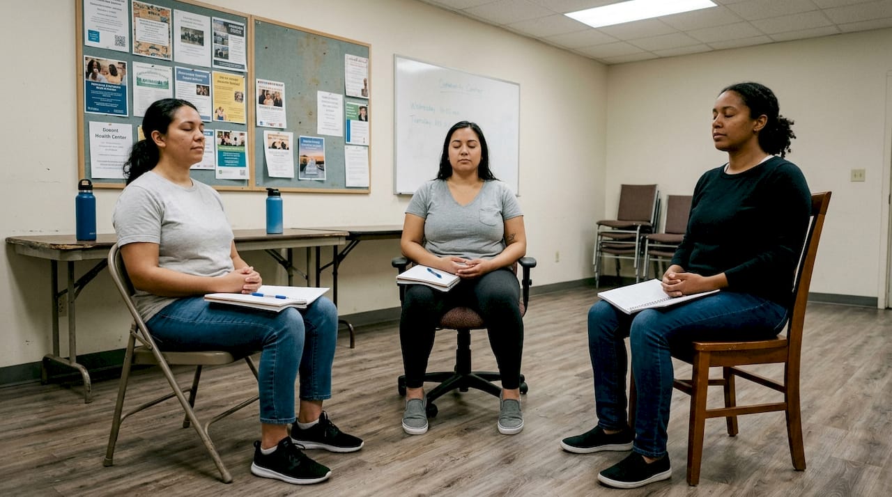 Group mindfulness session in community center
