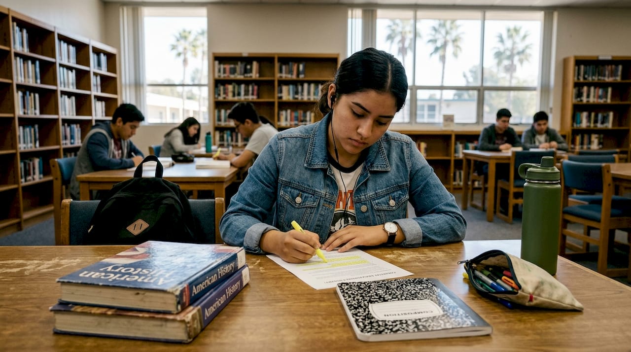 Teen girl reading CBT handout at school library table