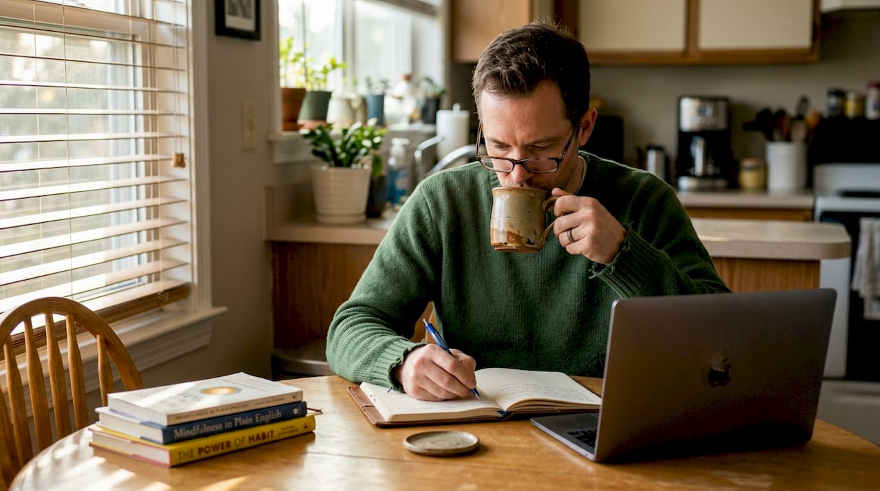 Man journaling mindfulness at cluttered kitchen table