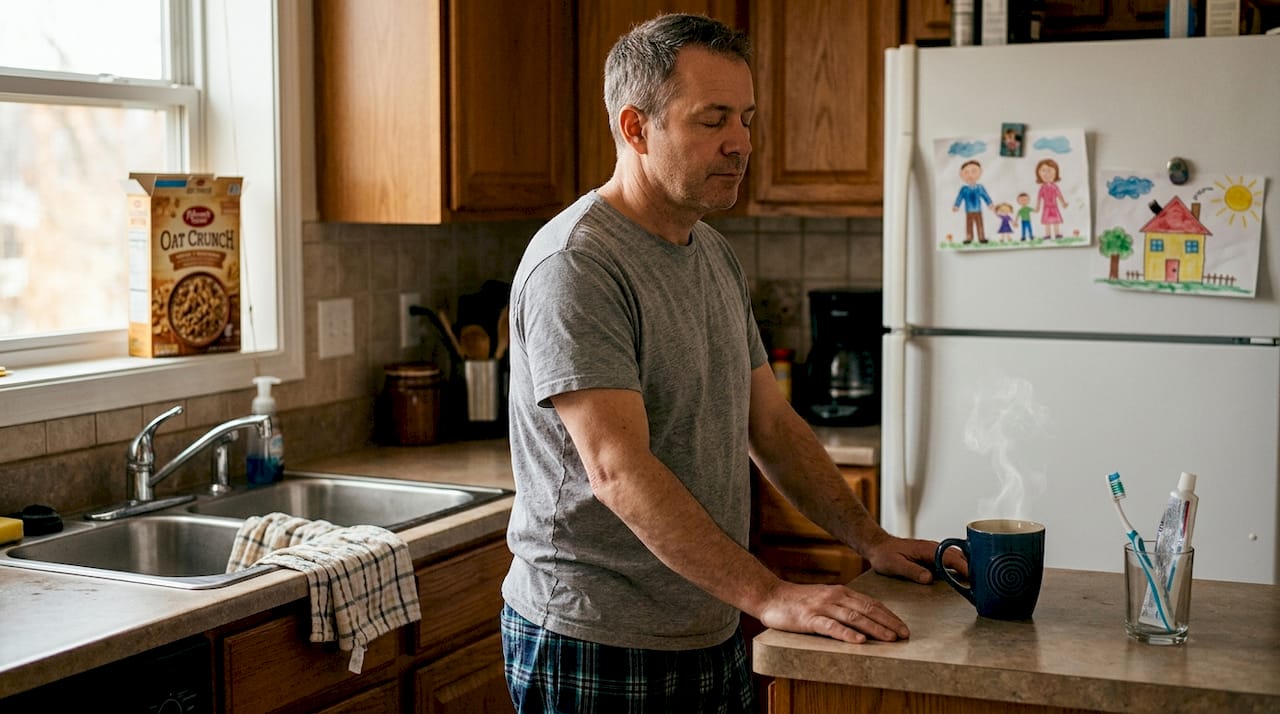 Man practicing mindfulness during daily kitchen routine
