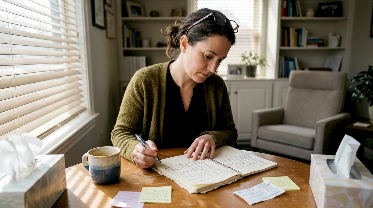 Therapist reviewing notes and session steps