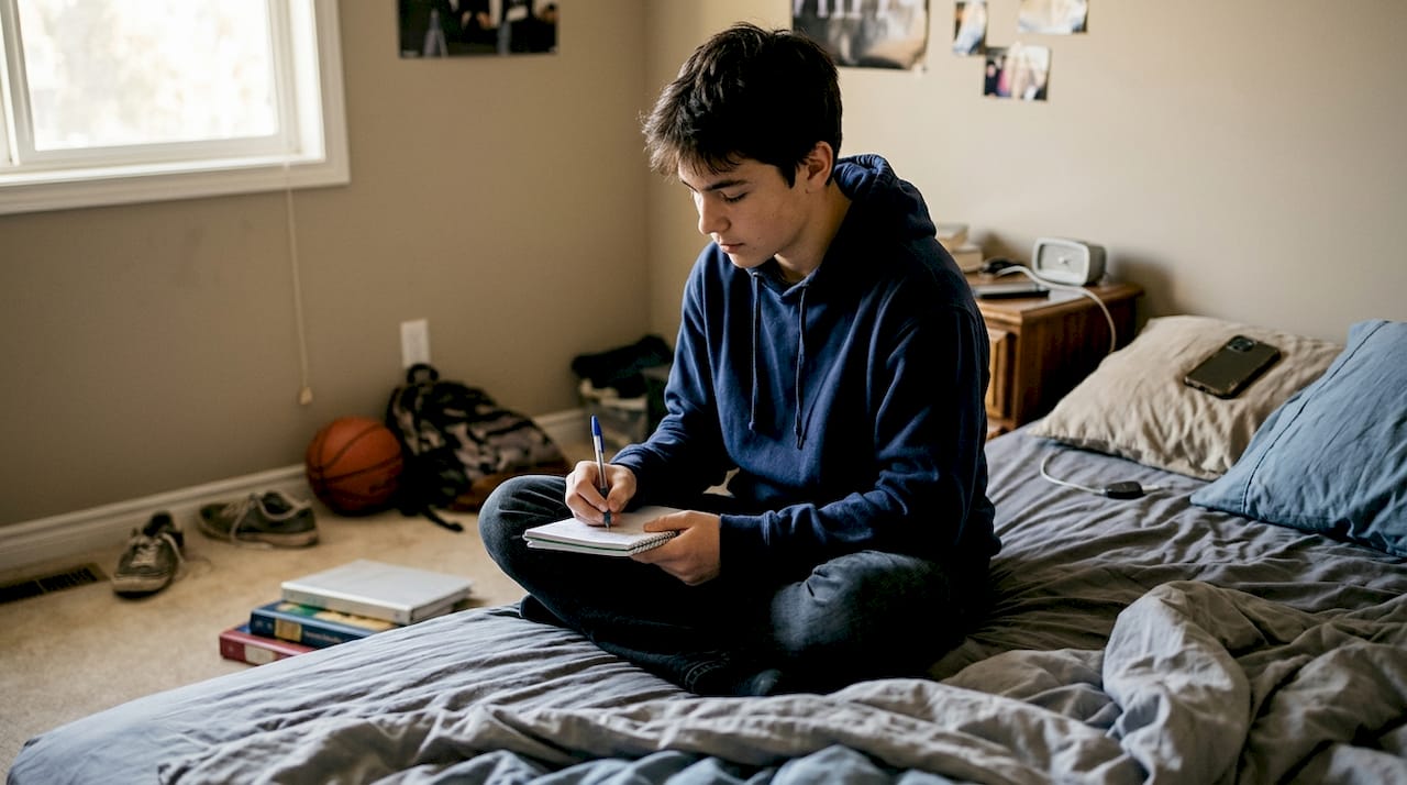 Teen boy writing in journal on bedroom bed