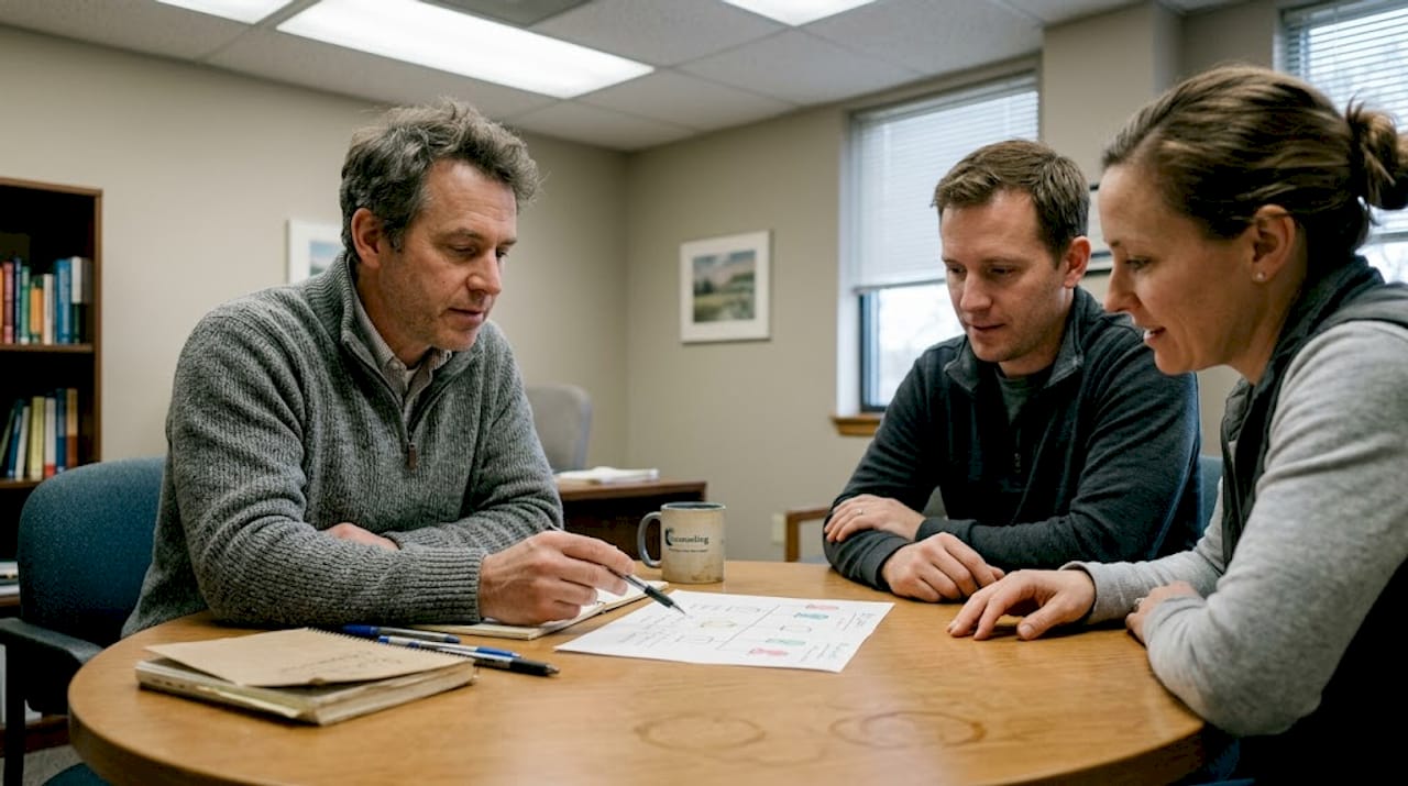 Therapist reviews genogram with clients