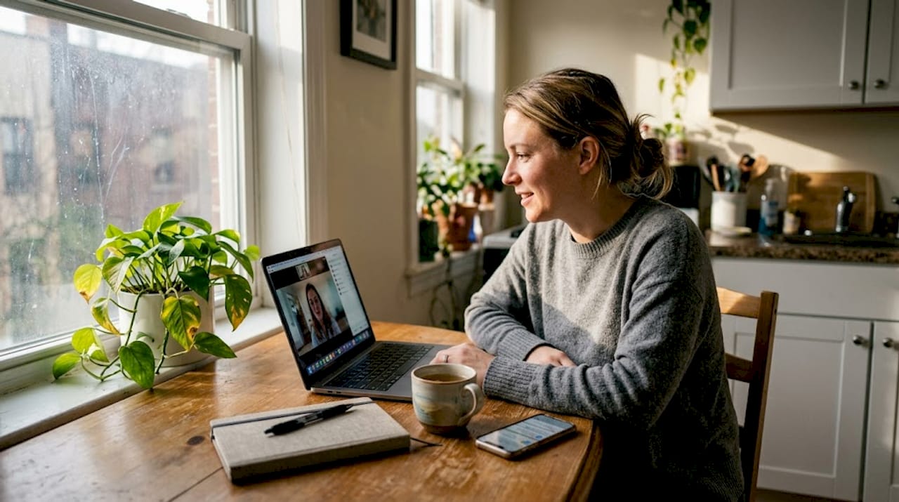 Adult in telehealth therapy at kitchen table