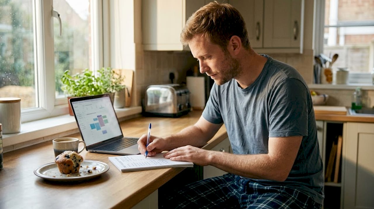 Man tracking self-care checklist progress in kitchen