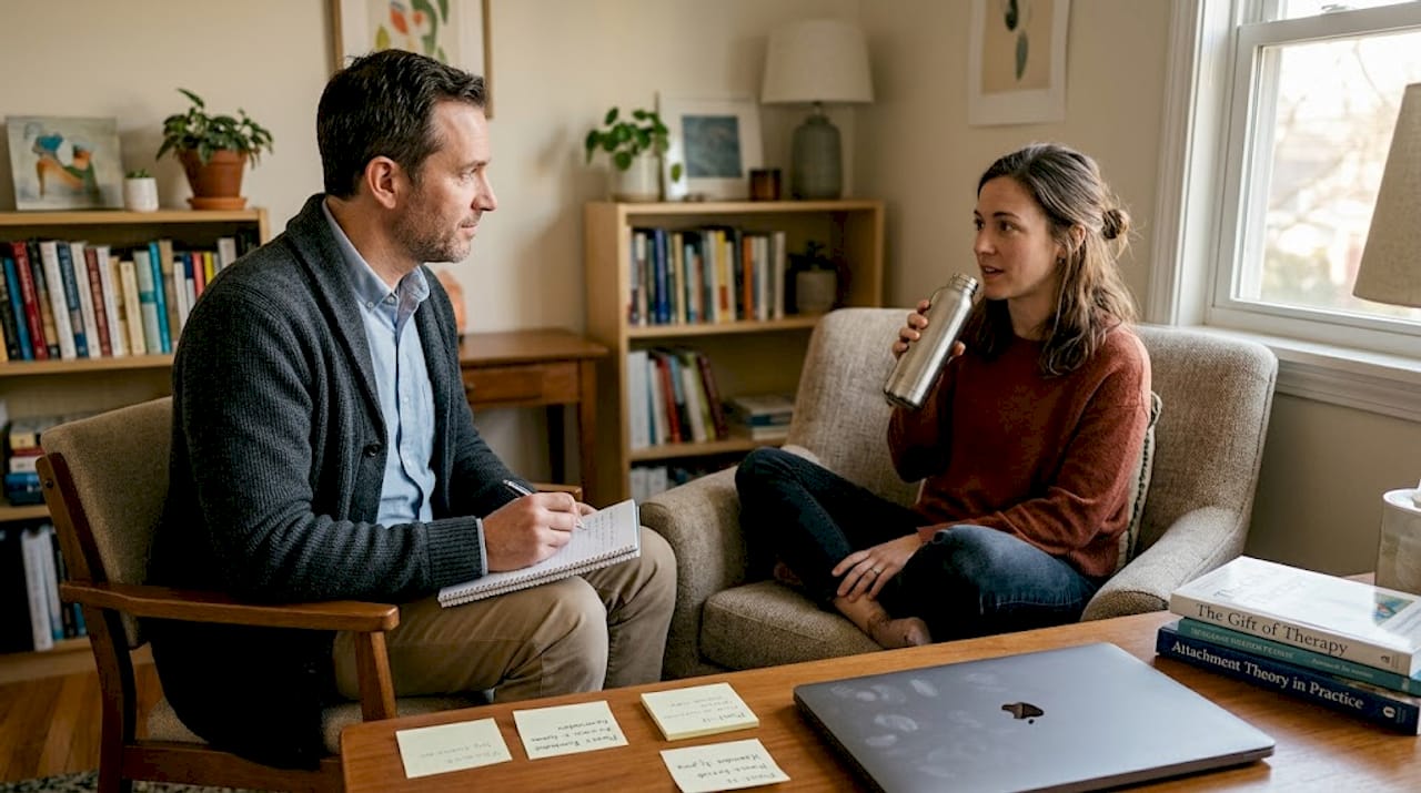 Therapist taking notes in relaxed office